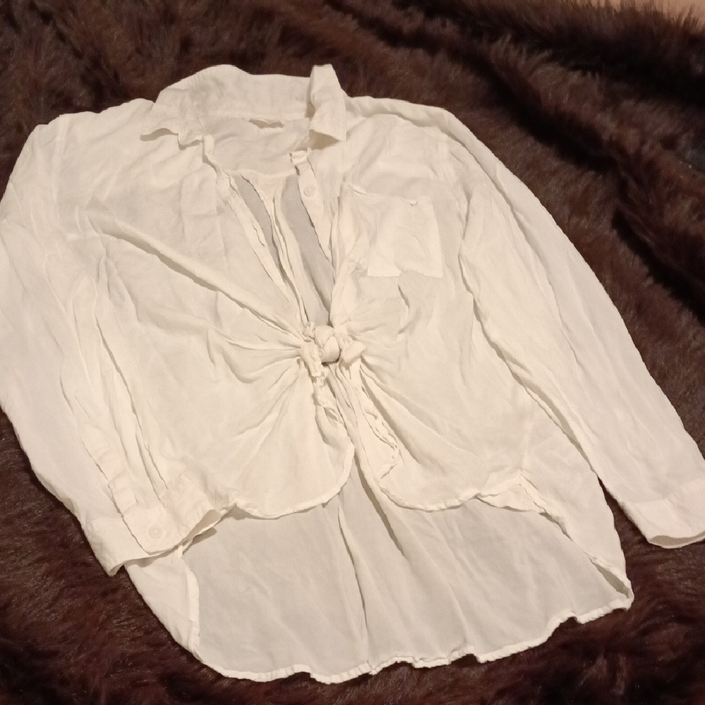 Beachlunchlounge Cream Long Sleeve Tie Front Blouse